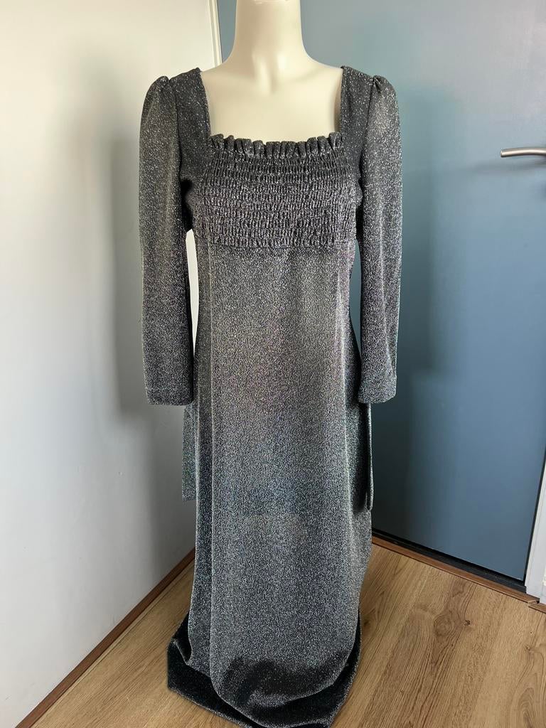 Vintage zwart zilveren lange jurk 42, Maat 38/40 (M), Zwart, Ophalen of Verzenden, Zo goed als nieuw