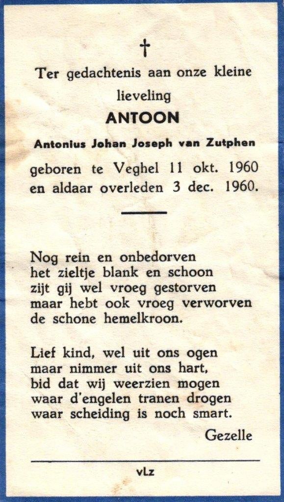 Zutphen van Antoon 1960 Veghel, Verzamelen, Bidprentjes en Rouwkaarten, Ophalen of Verzenden