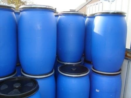 Blauwe vaten tonnen van 220 L met deksel en klemring, 150 liter of meer, Ophalen, Zo goed als nieuw, Kunststof