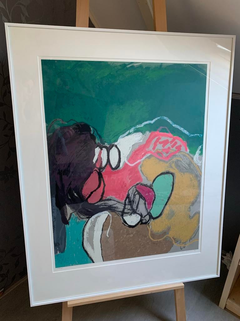 Zeefdruk Henk van Vessem - Abstract rose/groen/geel, Ophalen