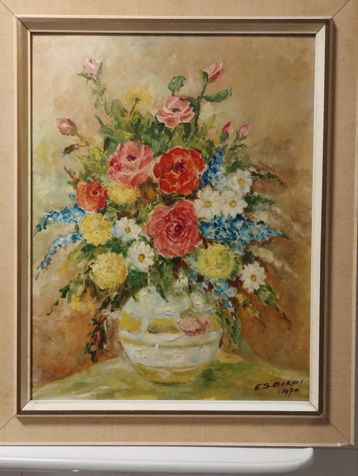 Stilleven olieverf canvas op karton E.S. Bordi 1970, Ophalen
