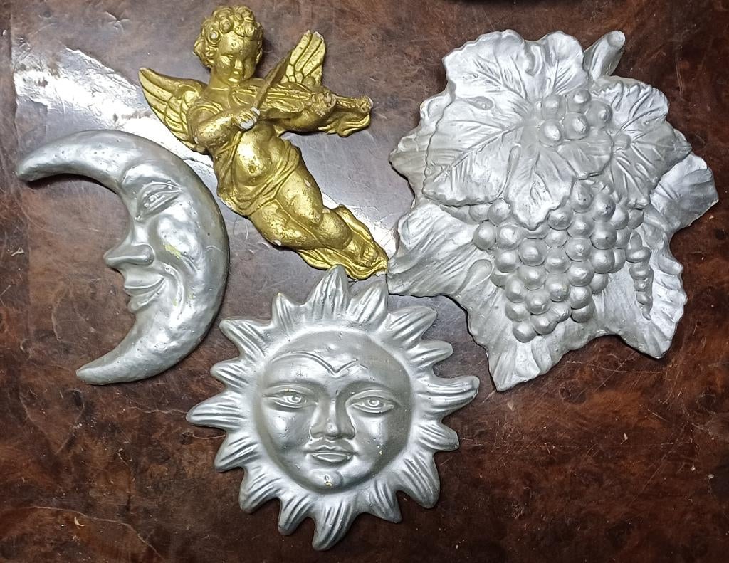 4 stuk kalk stenen tuin wand decoratie zon maan engel blad, Ophalen, Zo goed als nieuw