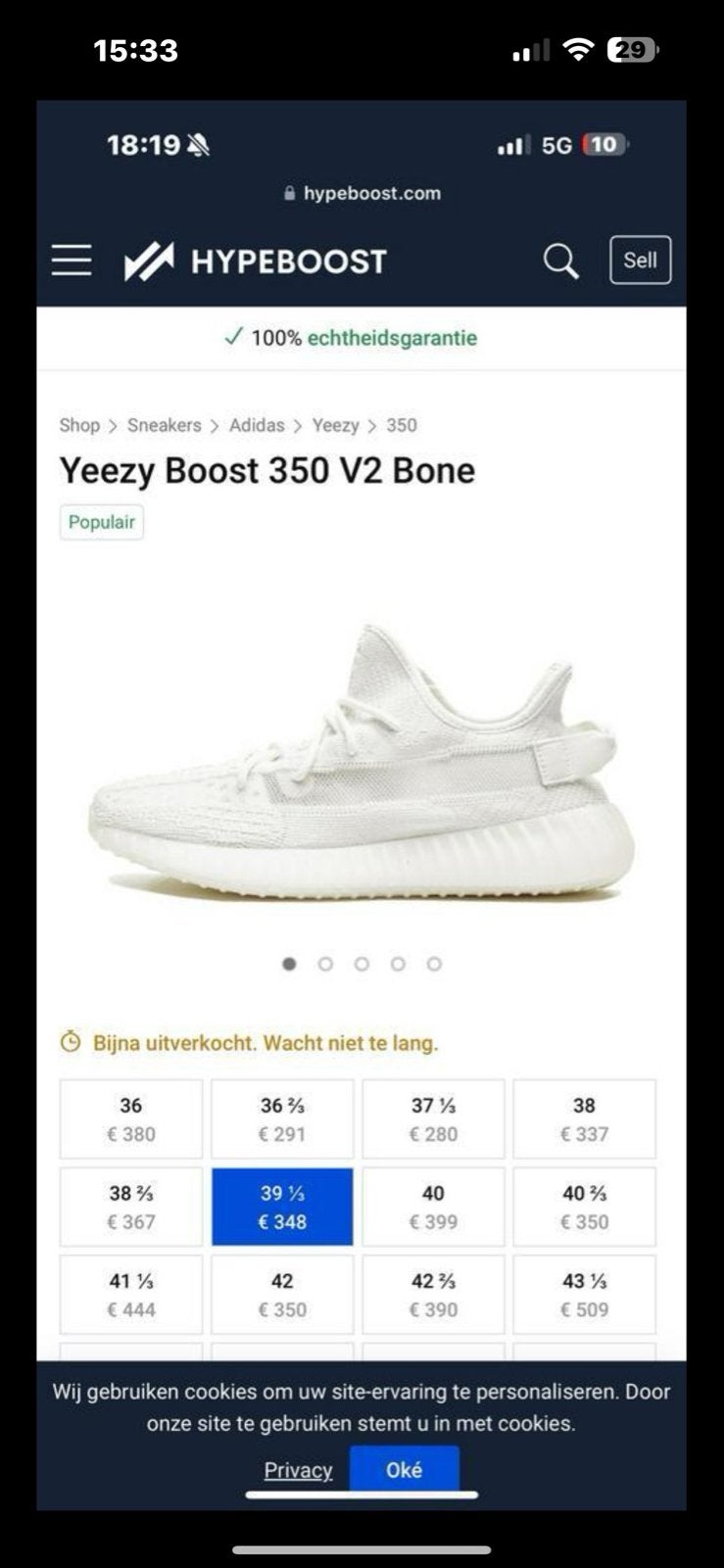 Adidas Yeezy Boost 350 V2 Bone - Maat 39 1/3, Ophalen of Verzenden, Zo goed als nieuw, Wit, Sneakers of Gympen