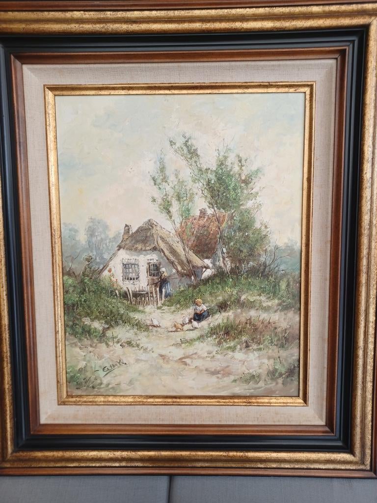 Schilderij landschap met boerderij en figuren, 65x75 cm, Ophalen