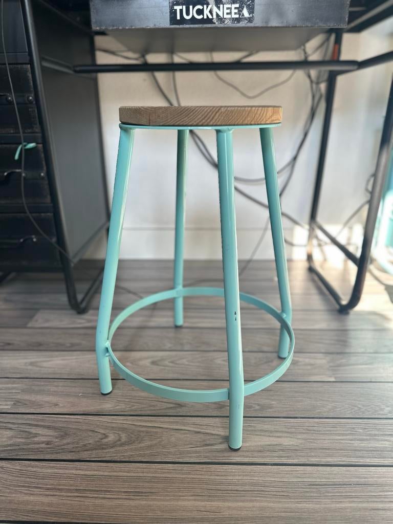 Kruk Kitchen Trend Loods 5 - Aquablauw met houten zitting, Ophalen, Gebruikt, Hout