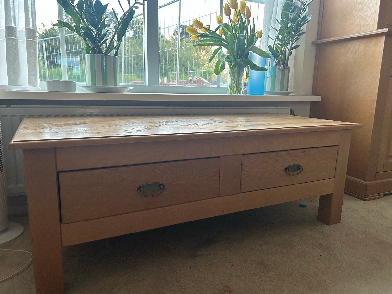 Licht eiken salontafel met 3 lades - 130x60x47 cm, Huis en Inrichting, Tafels | Salontafels, Gebruikt, 5 – 50, 50 tot 100 cm, 100 tot 150 cm