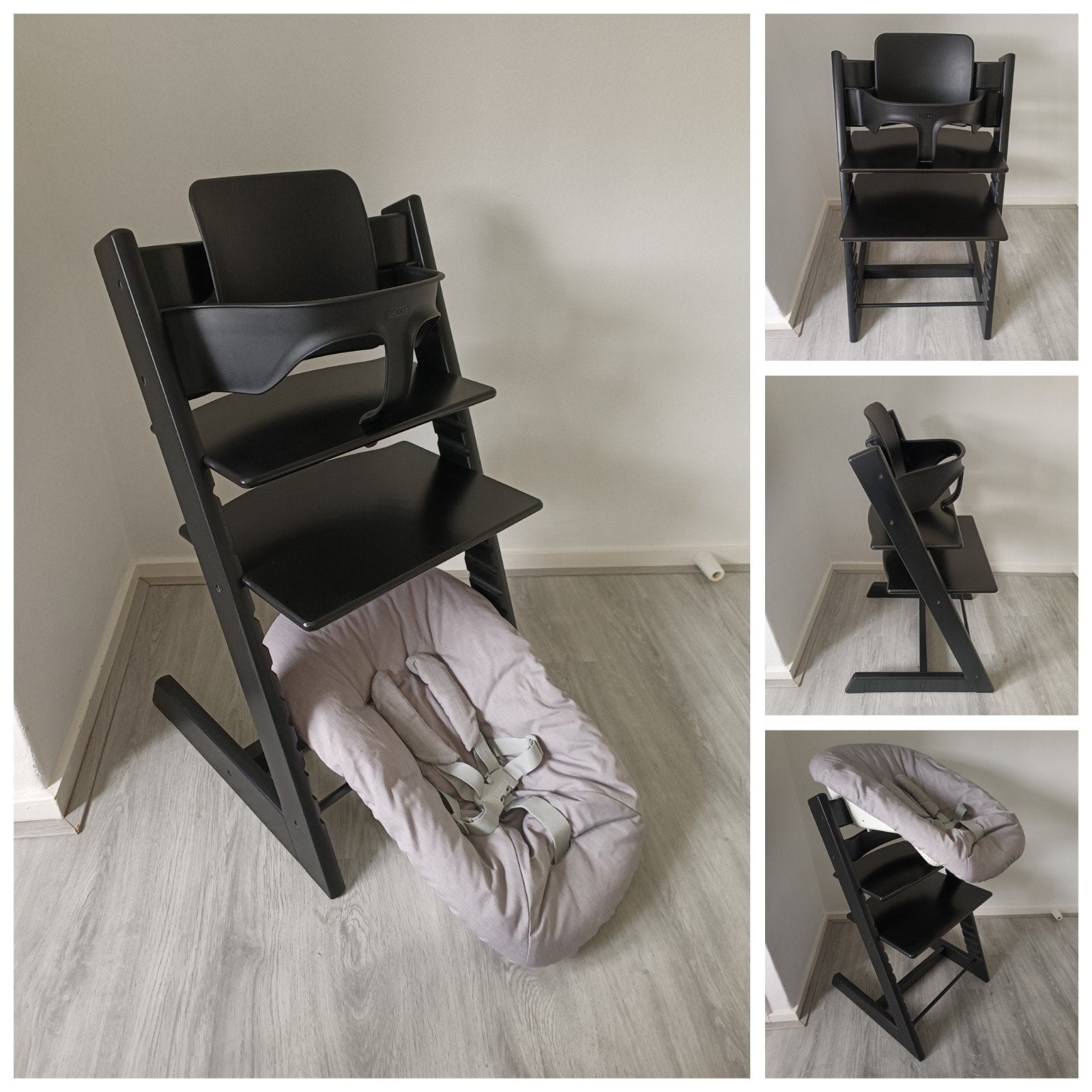Stokke Tripp Trapp zwart met babyset, 2 standen newbornset, Meegroeistoel, Ophalen of Verzenden, Zo goed als nieuw, Stokke Tripp Trapp