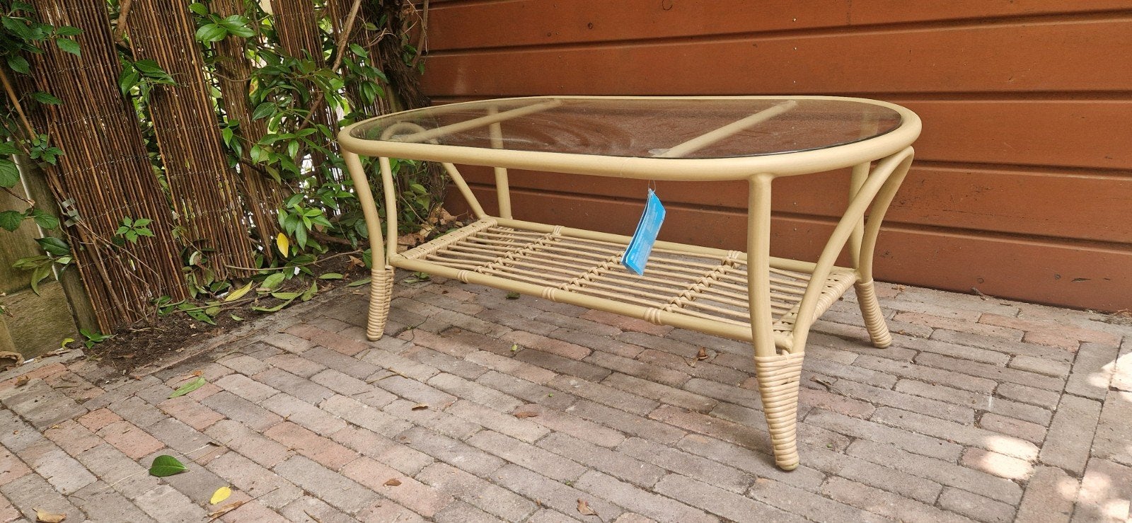 Rotan(tuin)salontafel met glazen blad, Ophalen, Gebruikt