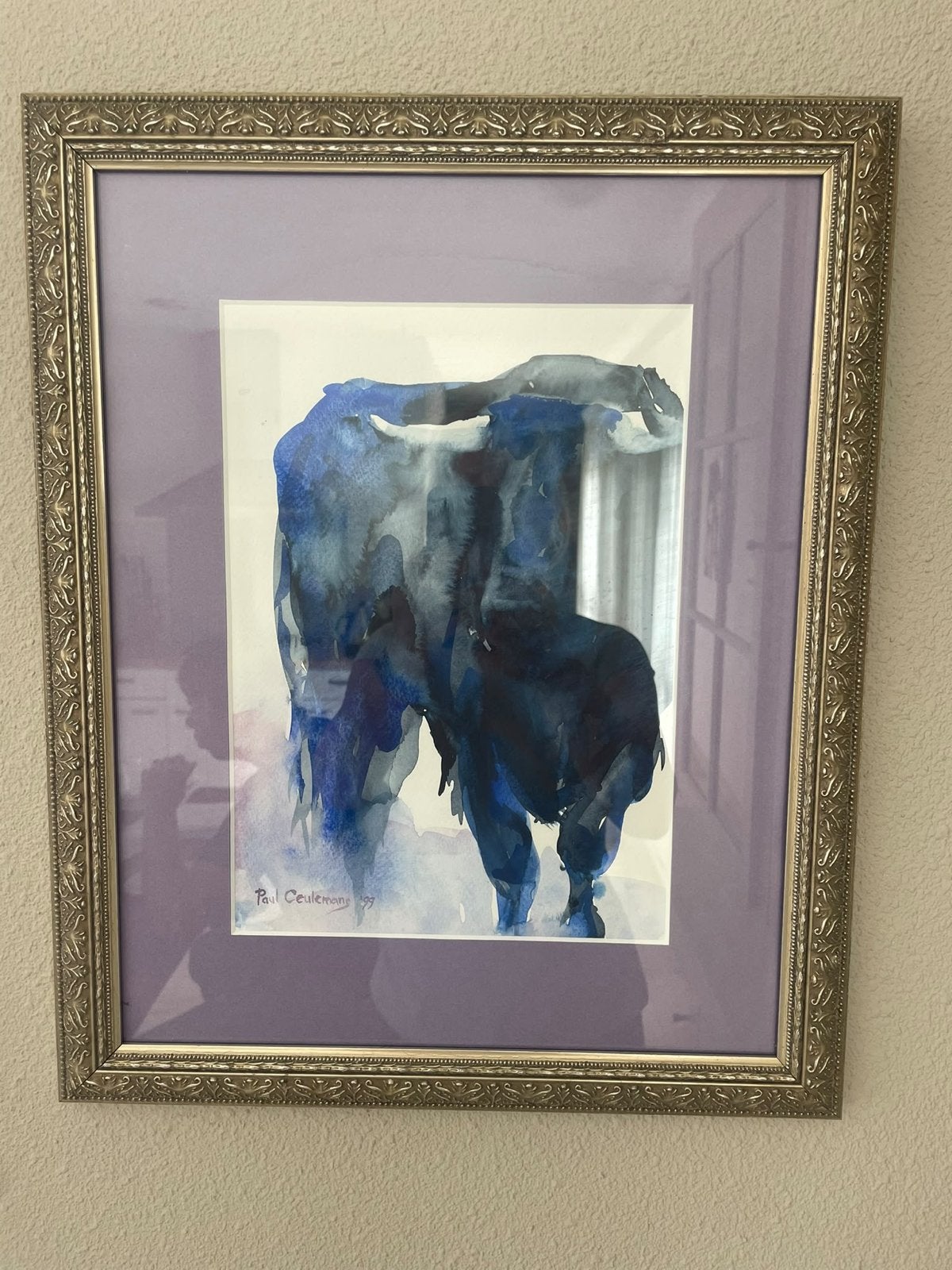 Paul Ceulemans '99 - Stier aquarel in lijst, Antiek en Kunst, Ophalen of Verzenden