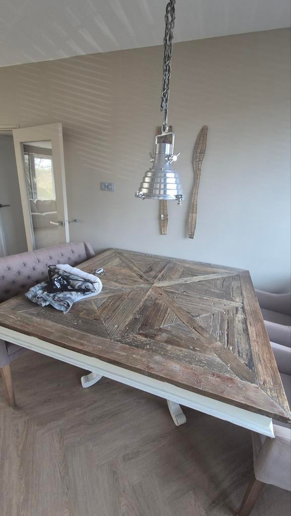 Riviera Maison eettafel met Goossens stoelen en bankje, Ophalen, Gebruikt, Vierkant, Landelijk