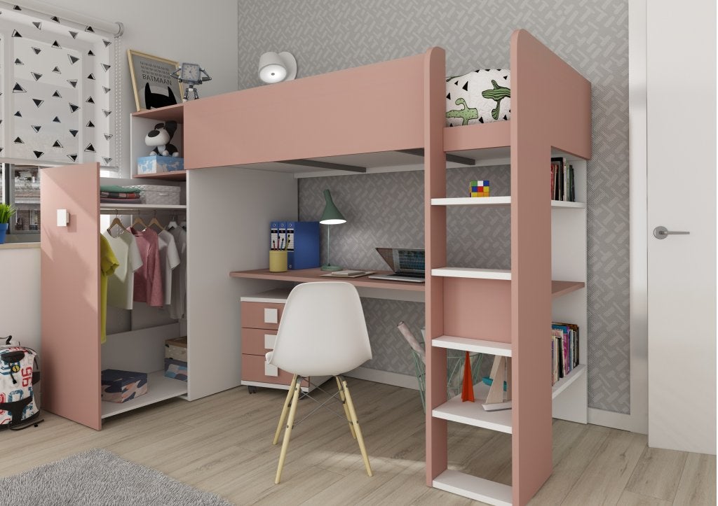 Jules hoogslaper plus met bureau en kast - 90x200 - Oudroze, Niet ingevuld, Niet ingevuld, Niet ingevuld