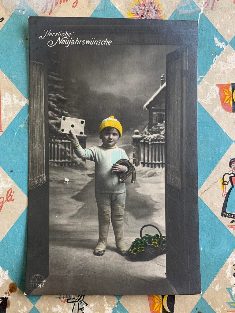 Herzliche Neujahrswünsche - jongetje met hoefijzers en brief, Ophalen of Verzenden, Voor 1920, Ongelopen, Feest(dag)