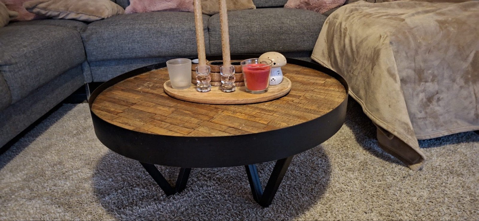 Salontafel mangohout met zwart ijzer frame, rond Ø80cm, Huis en Inrichting, Gebruikt, 50 tot 100 cm, Rond, 50 tot 100 cm