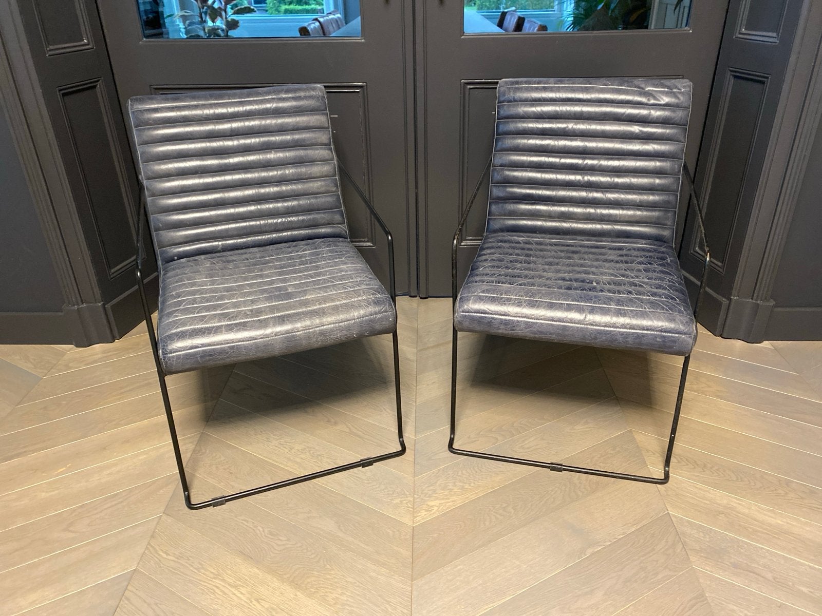 Set van 2 blauwe leren fauteuils met armleuningen, Ophalen, Twee, Blauw, Leer