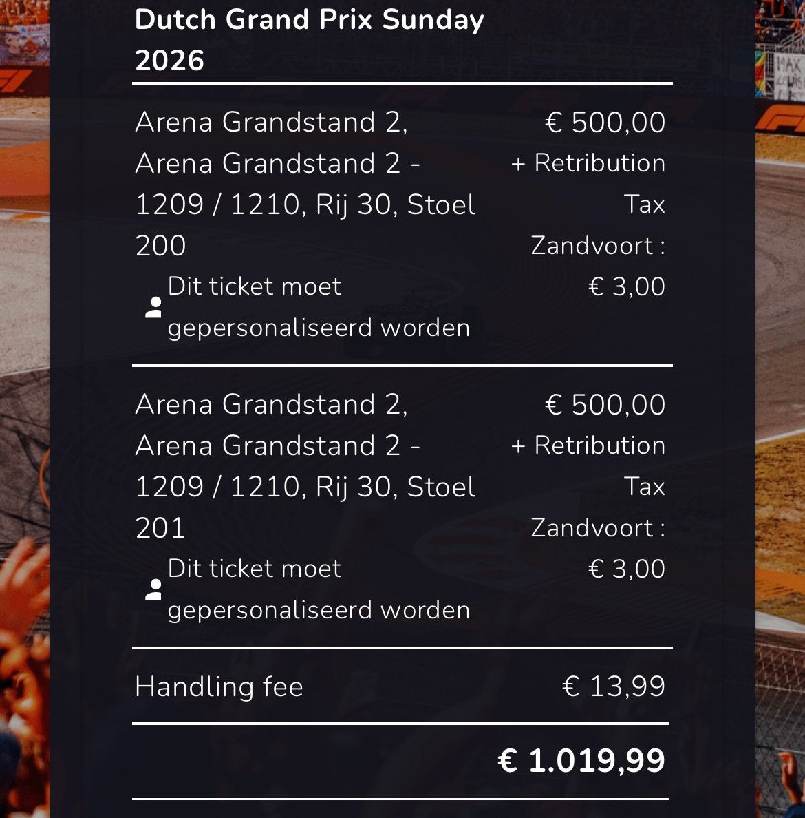 Dutch Grand prix zandvoort Arena Grandstand 2 Sunday tickets, Tickets en Kaartjes, Sport | Overige, Twee personen, Augustus