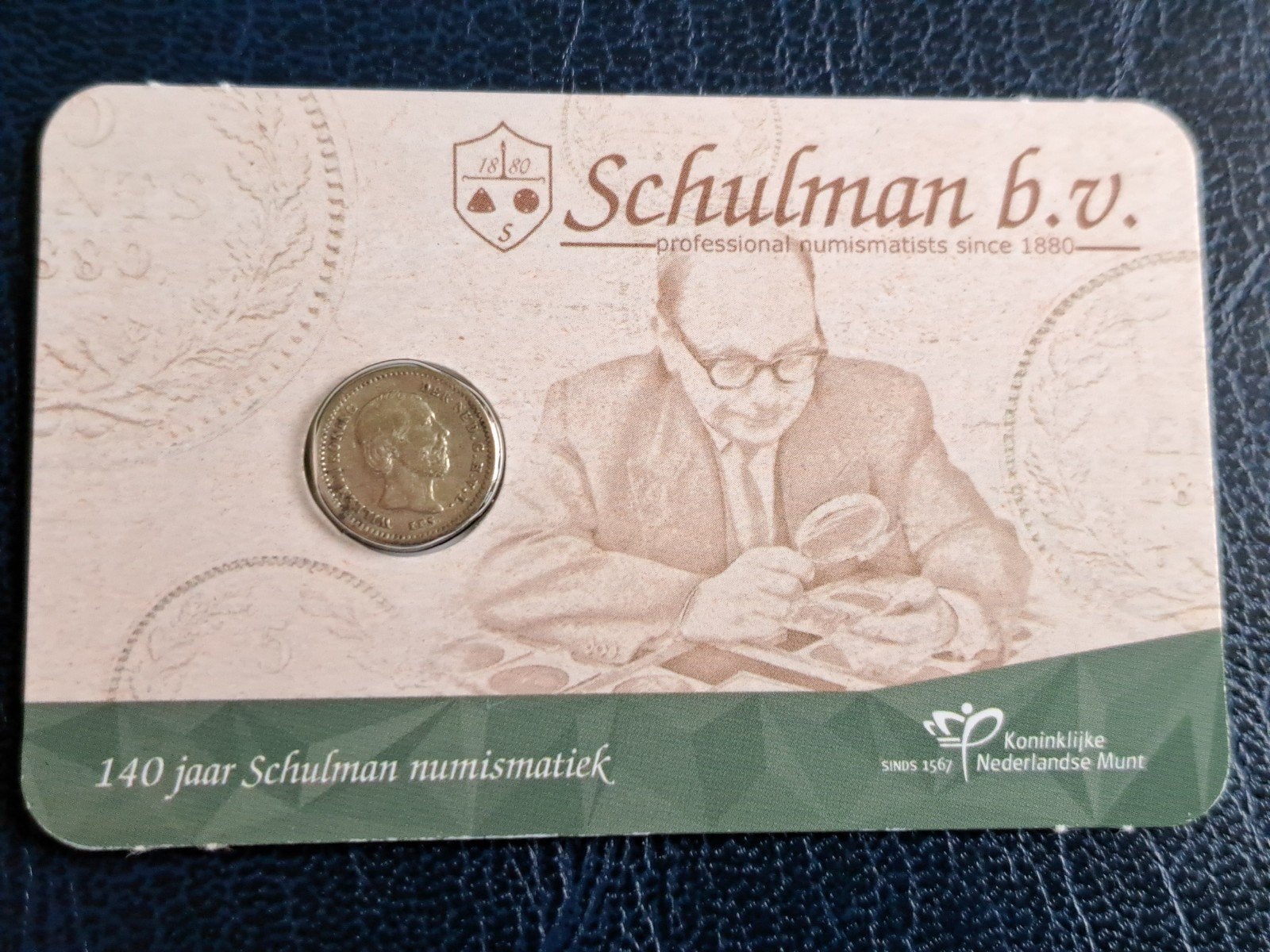 140 jaar Schulman Numismatiek coincard met 1859, Ophalen of Verzenden, Koning Willem III, 5 cent, Zilver