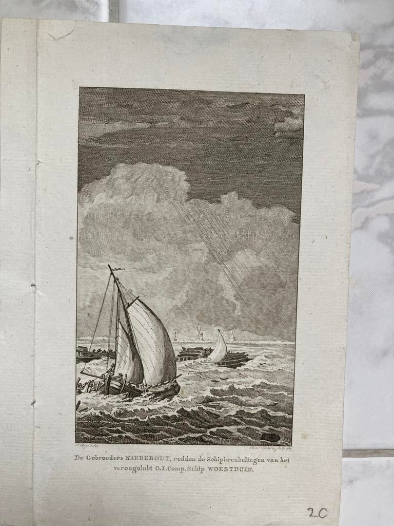 De Gebroeders Narrebout redden de opvarenden Woestduin, 1779, Antiek en Kunst, Kunst | Etsen en Gravures, Ophalen of Verzenden