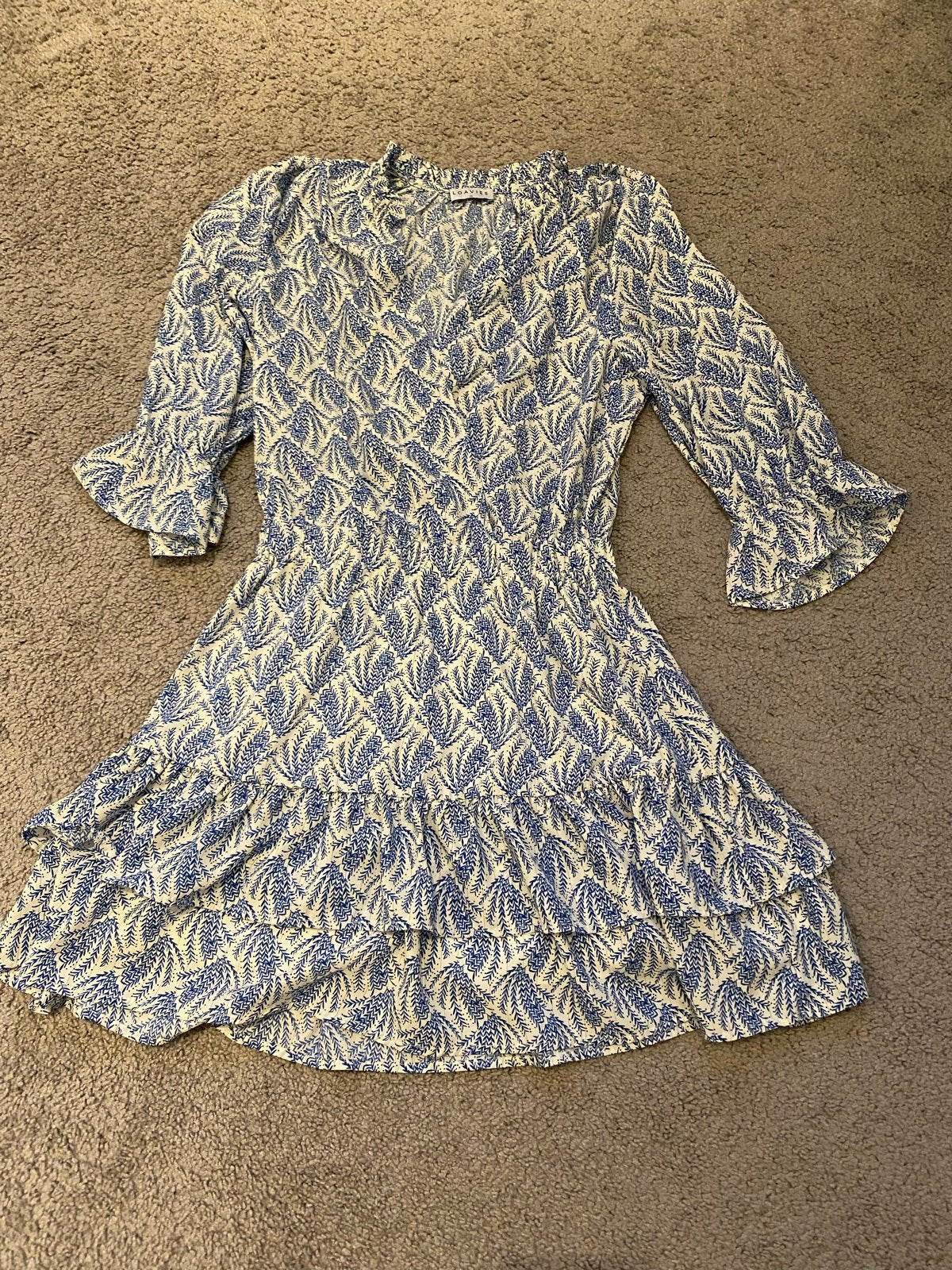 Loavies jurk met blauw/wit bladprint en goudkleurige draad, Blauw, Ophalen of Verzenden, Zo goed als nieuw, Maat 34 (XS) of kleiner