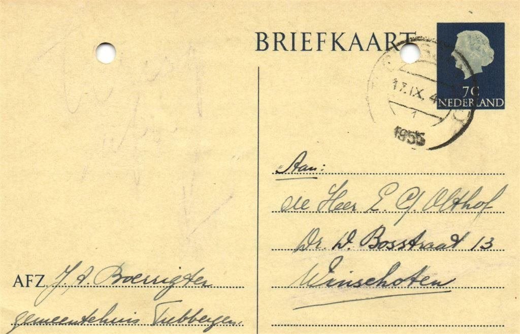 J.A. Boerrigter, gemeentehuis Tubbergen - 09.1955 - briefkaa, Ophalen of Verzenden, Briefkaart