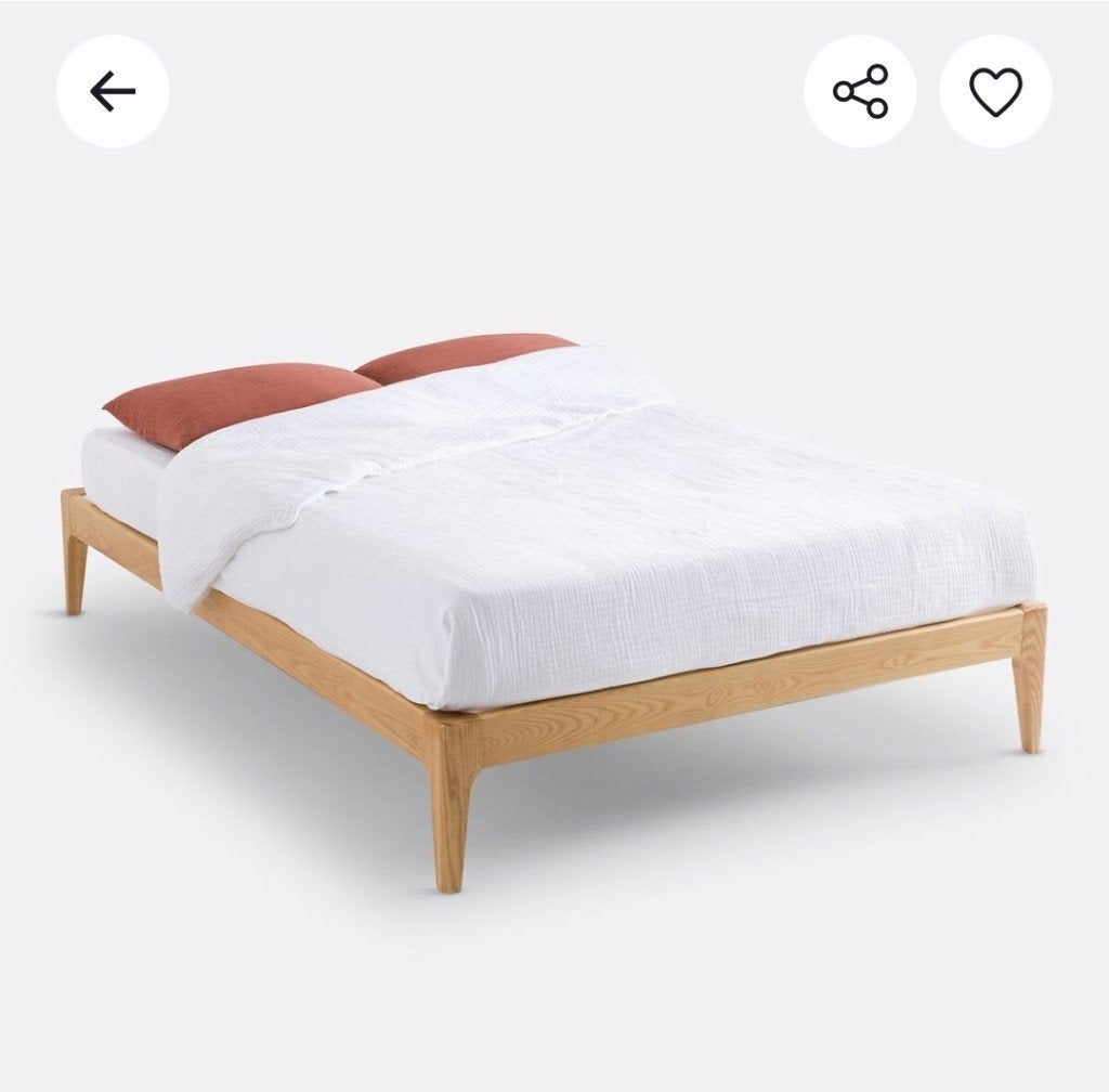Bed en lattenbodem in massief essenhout, Ophalen, Mid century, Bruin, Tweepersoons