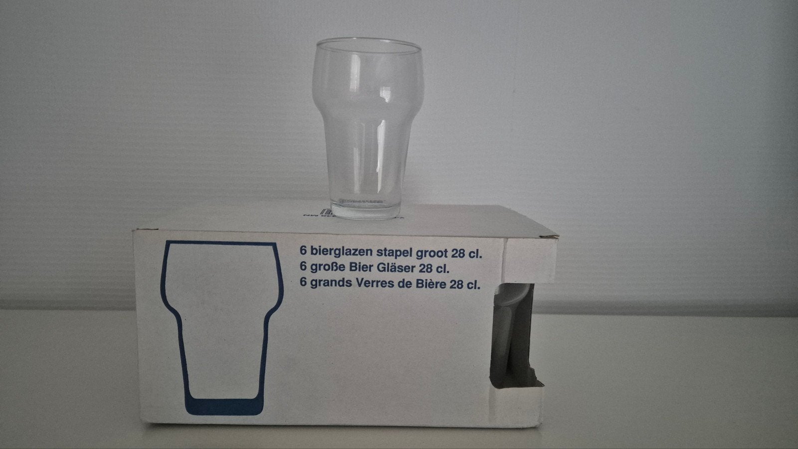 6 stapelbare bierglazen, groot 28 cl, Ophalen, Nieuw, Glas, Glas of Glazen