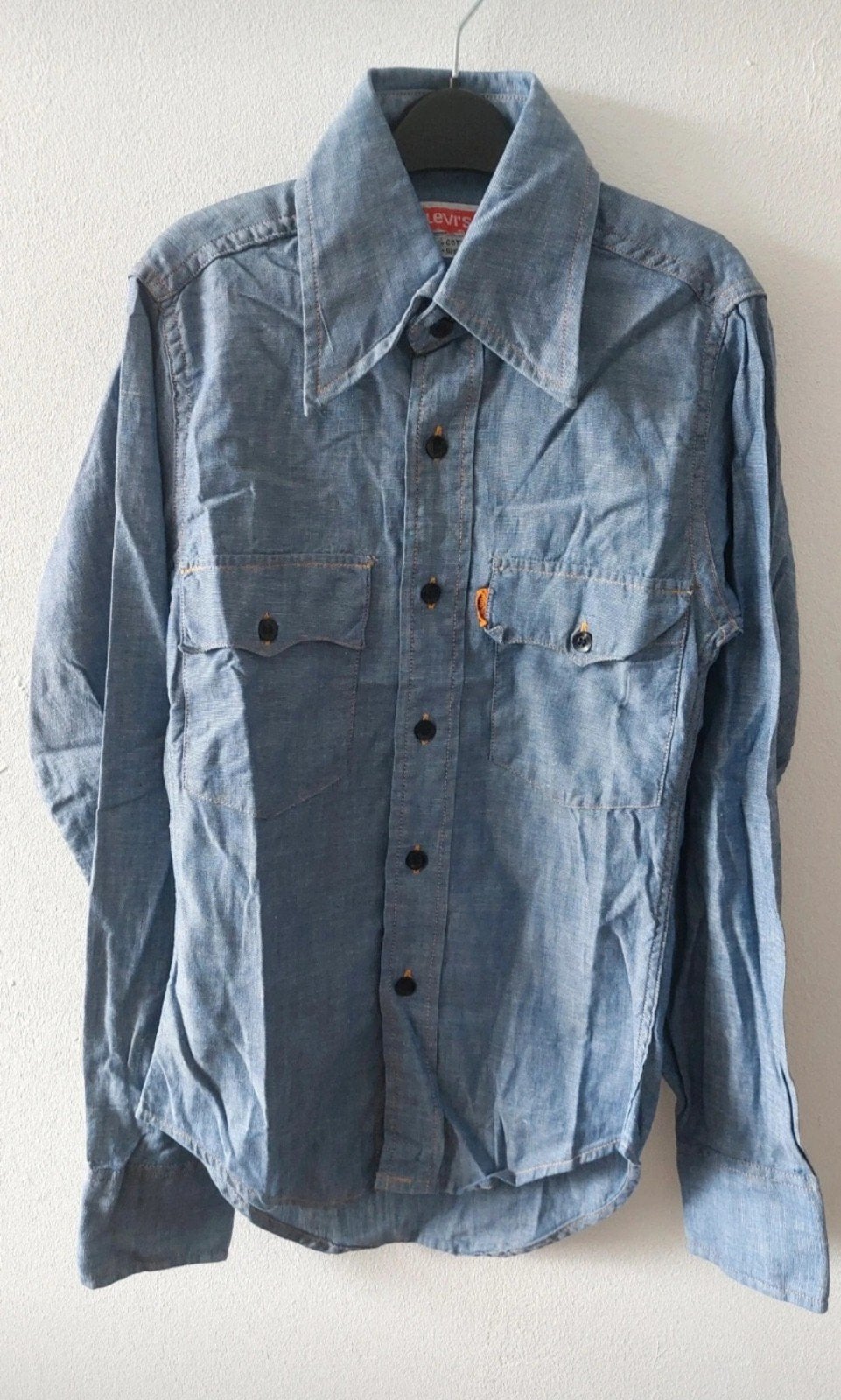 Vintage 60/70s Levis Orange big E tab denim shirt, Blauw, Ophalen of Verzenden, Maat 34 (XS) of kleiner, Gedragen
