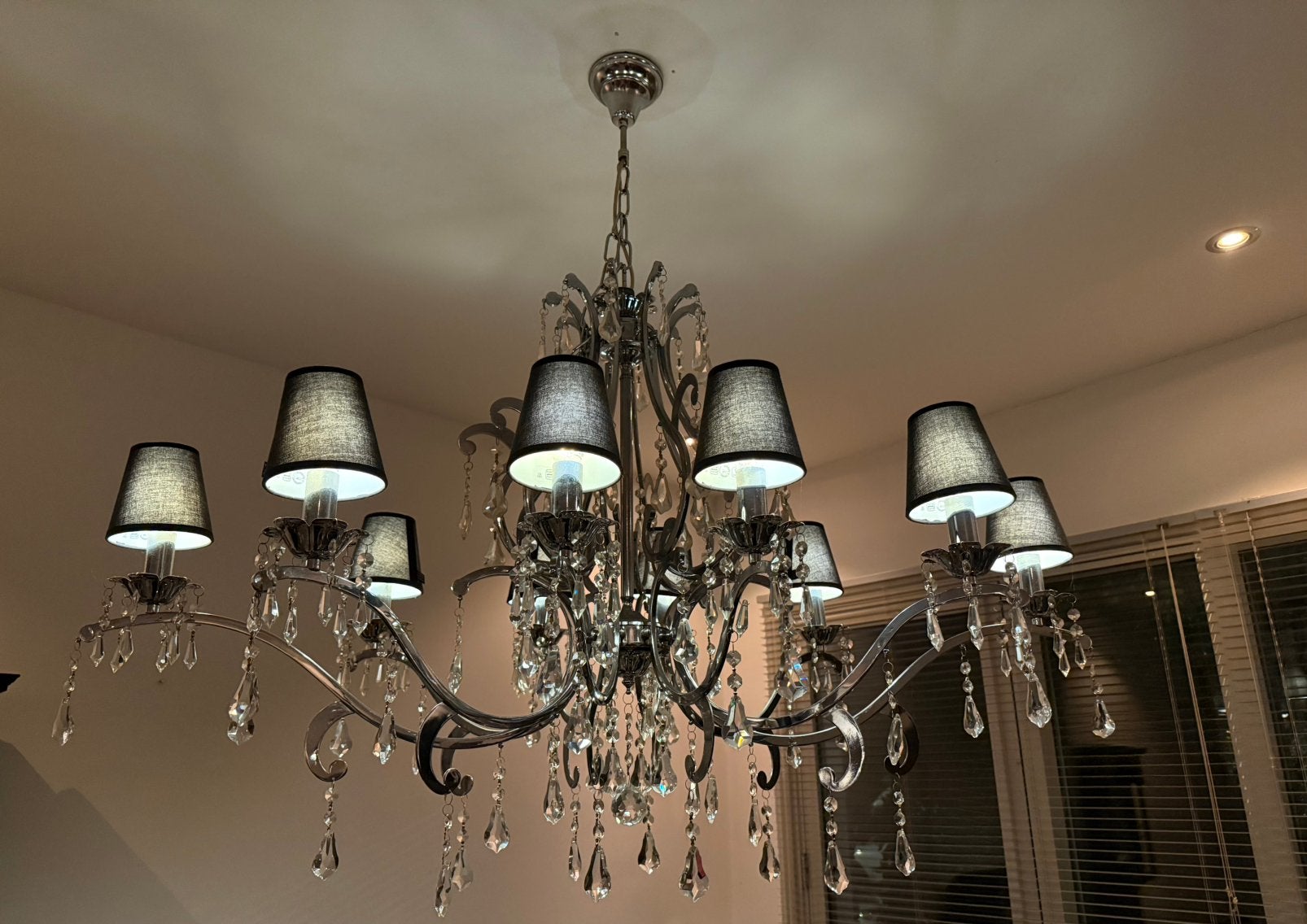 Kroonluchter chrome 10 lamps kristal led dimbaar, Ophalen, Gebruikt, Metaal, Modern klassiek
