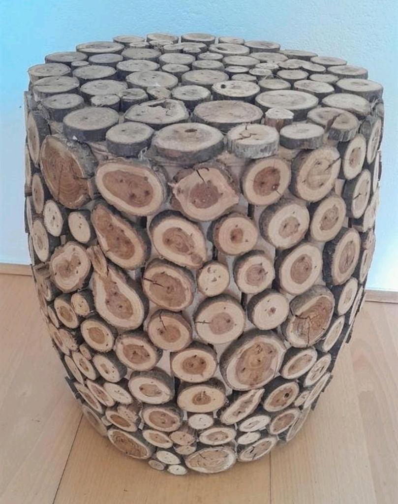 Houten bijzettafeltje met houten schijfjes, Minder dan 55 cm, Rond, Nieuw, Ophalen of Verzenden