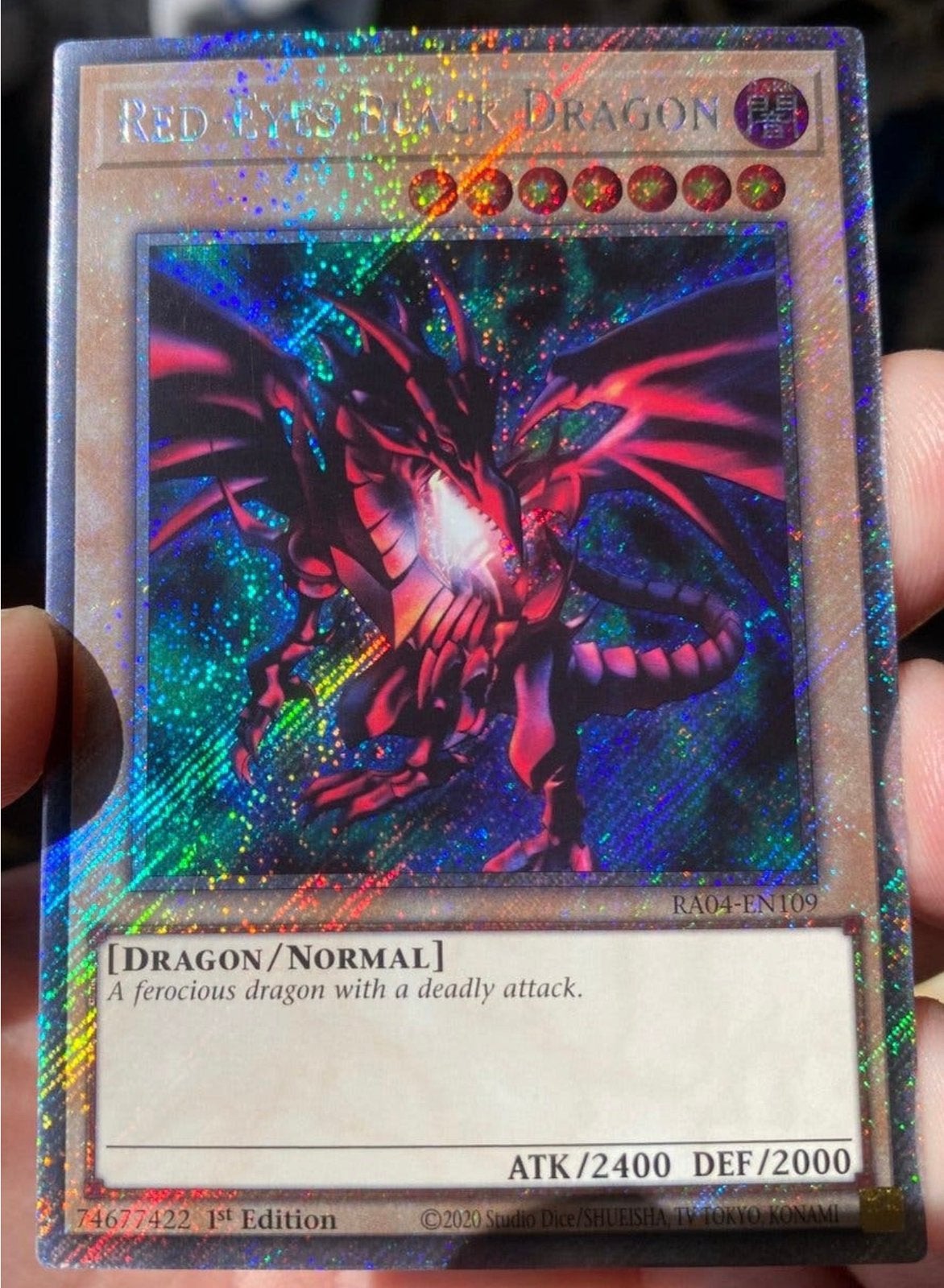 Yu-Gi-Oh! Red-Eyes Black Dragon RA04 1st Edition !, Ophalen of Verzenden, Zo goed als nieuw, Losse kaart, Foil
