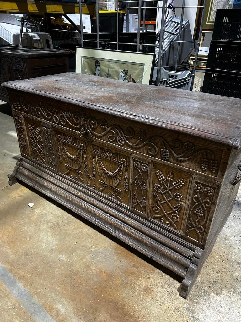 Oude houten reis / deken kist met houtsnijwerk xl - nochris, Ophalen of Verzenden