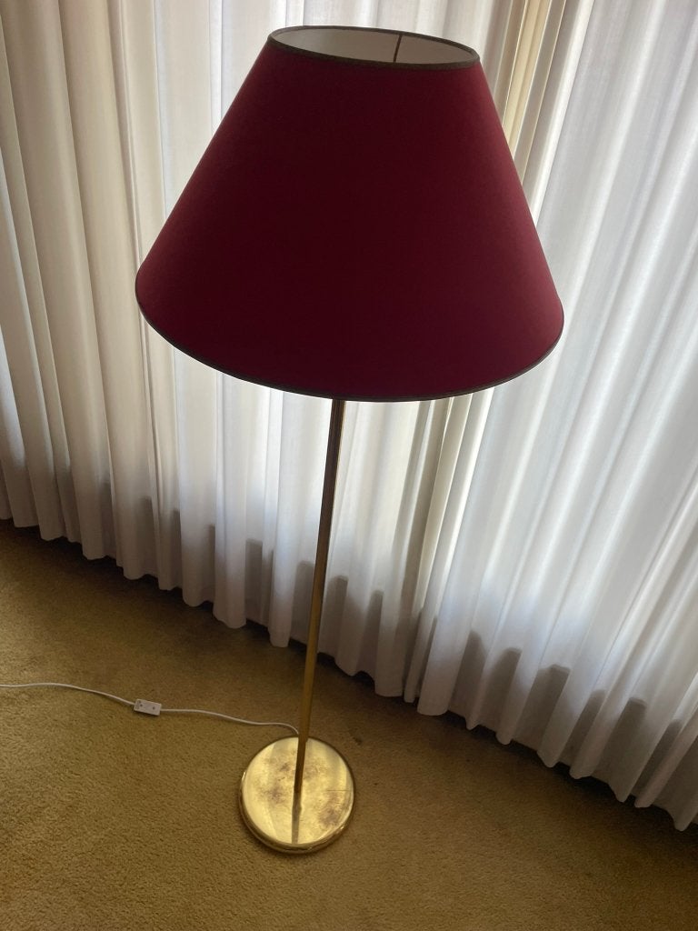 Messing vloerlamp met zwenkarm en rode kap, Ophalen, Gebruikt, Metaal, Klassiek