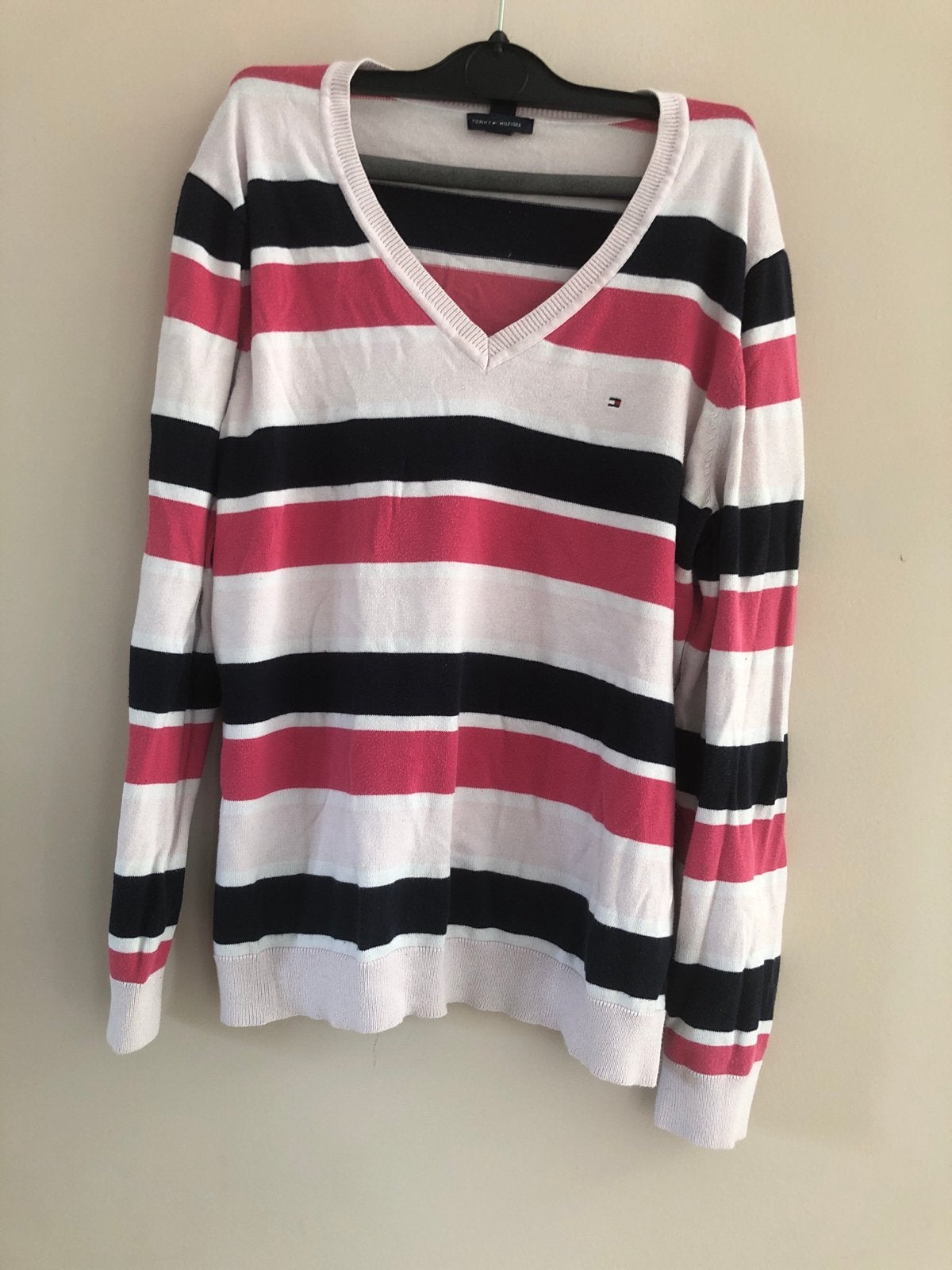 Tommy Hilfiger gestreepte V-hals trui - Maat XL, Ophalen of Verzenden, Gedragen, Maat 46/48 (XL) of groter, Meerkleurig