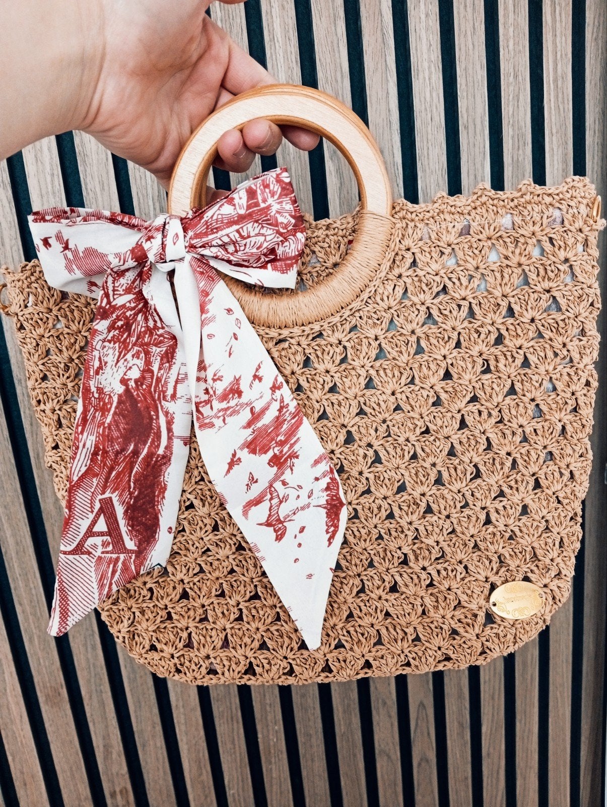Handgemaakte strandtas met houten handvatten, Ophalen of Verzenden, Nieuw, Bruin, Shopper