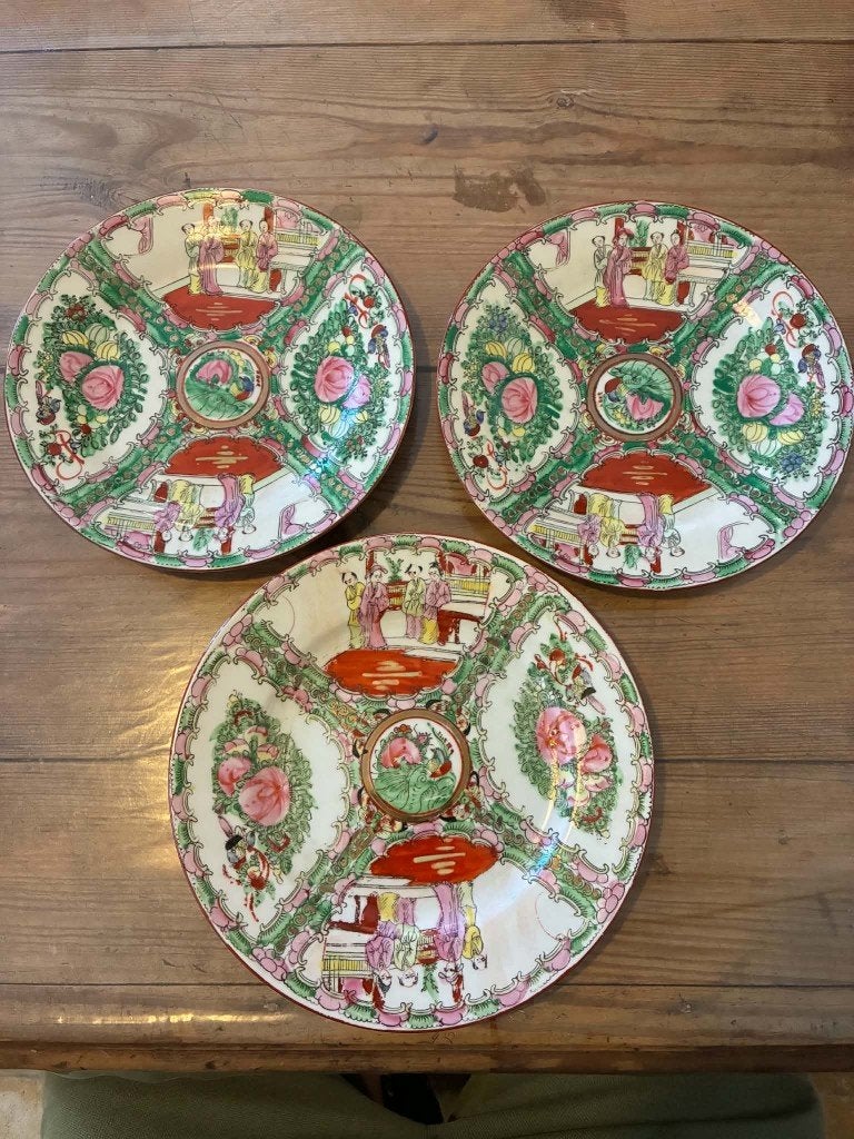 Set van 3 Chinese Rose Medallion borden – Macau porselein, Ophalen