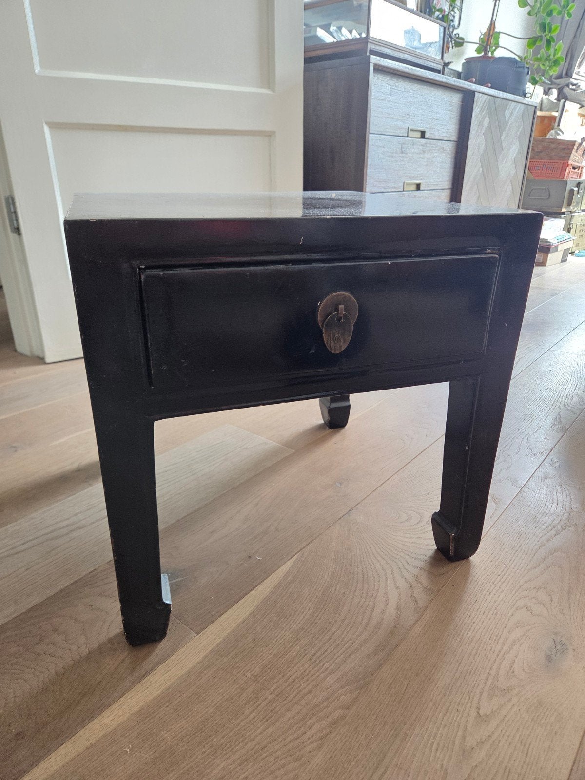 Zwart oosters (opium) bijzettafeltje met lade - 47x48x48 cm, Minder dan 55 cm, Gebruikt, Vierkant, Hout