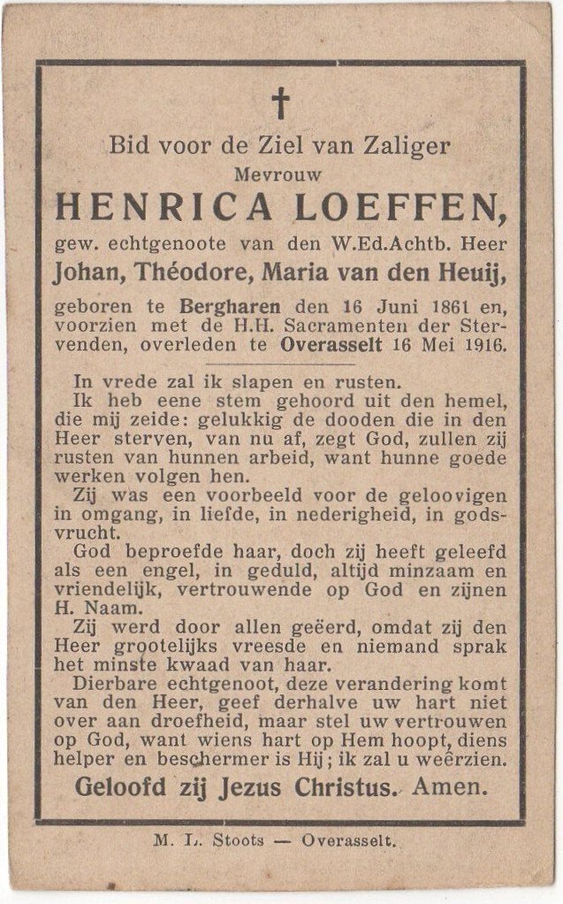 Henrica Loeffen 1861 Bergharen + 1916 Overasselt, 54 jaar, Verzenden