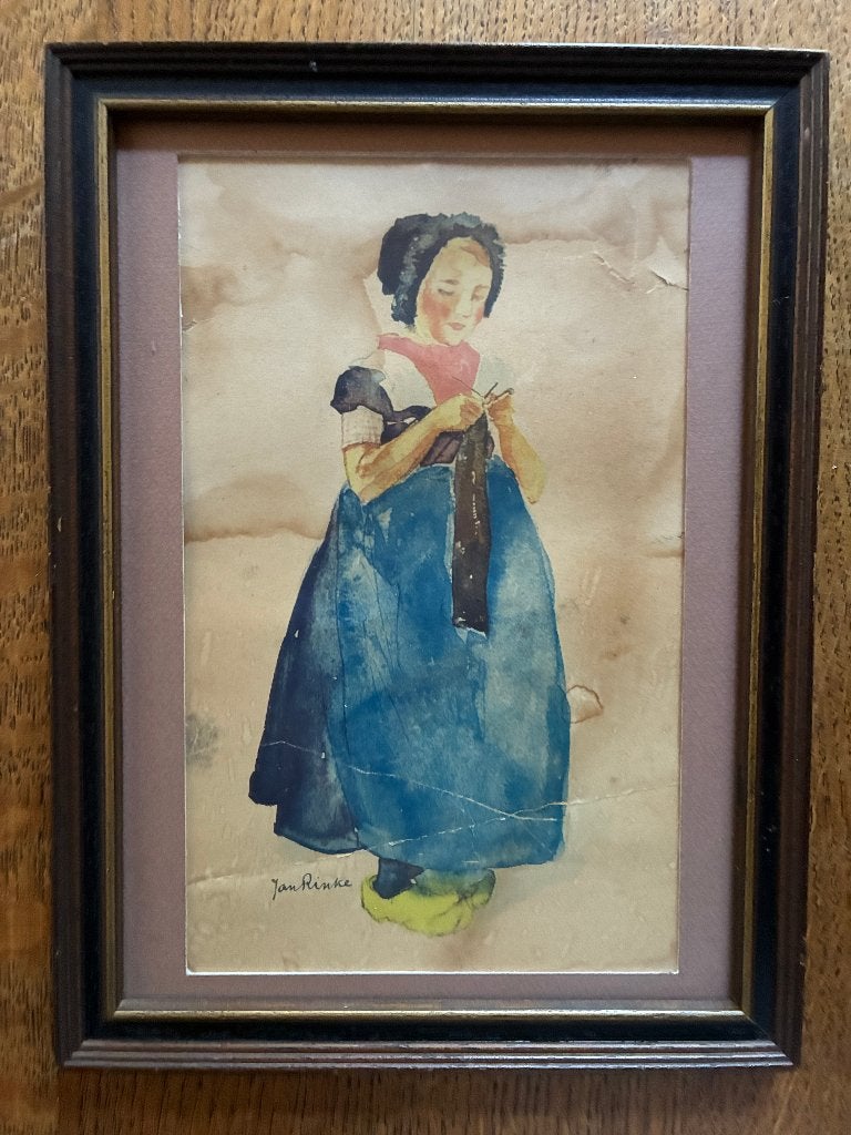 Antiek aquarel Jan Rinke - Meisje in Bunschoter klederdracht, Portret of Personen, Oud hollands, Ophalen of Verzenden, Aquarel