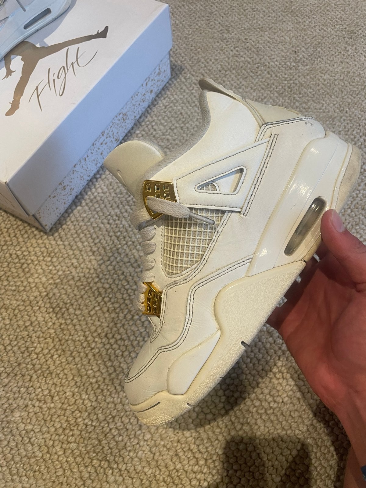 Nike Air Jordan 4 Retro WMNS 'metallic gold' - Maat 42.5, Ophalen of Verzenden, Gedragen, Wit, Sneakers of Gympen