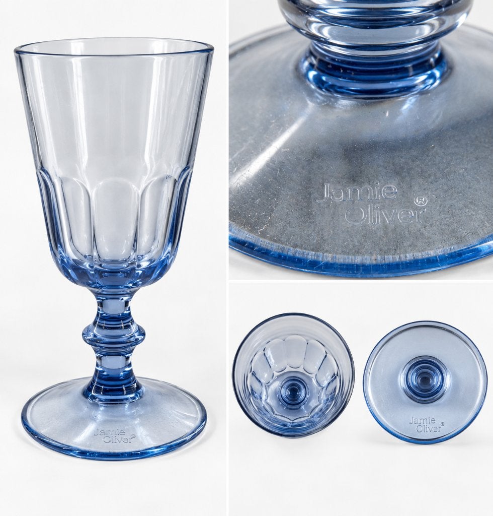Jamie Oliver blauw kunststof wijnglas / goblet op voet (4x), Ophalen of Verzenden, Gebruikt, Overige typen
