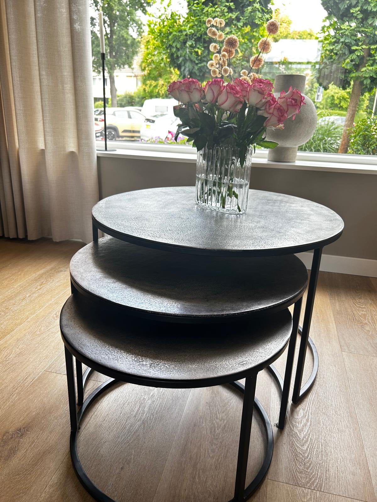 Bommel salontafel set van 3 Shima Vintage metaal zilver, Huis en Inrichting, Tafels | Salontafels, Ophalen, Gebruikt, Rond, 50 tot 100 cm