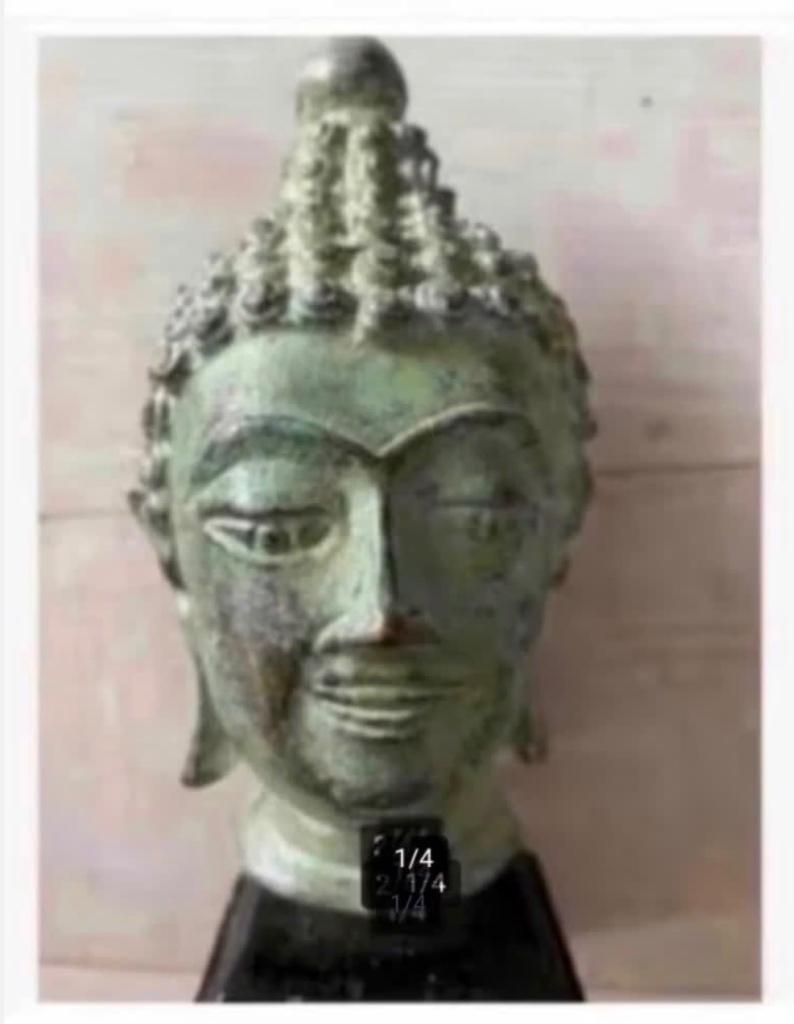 Bronzen beeld Thailand hoofd op houten voet 15 cm, Ophalen of Verzenden