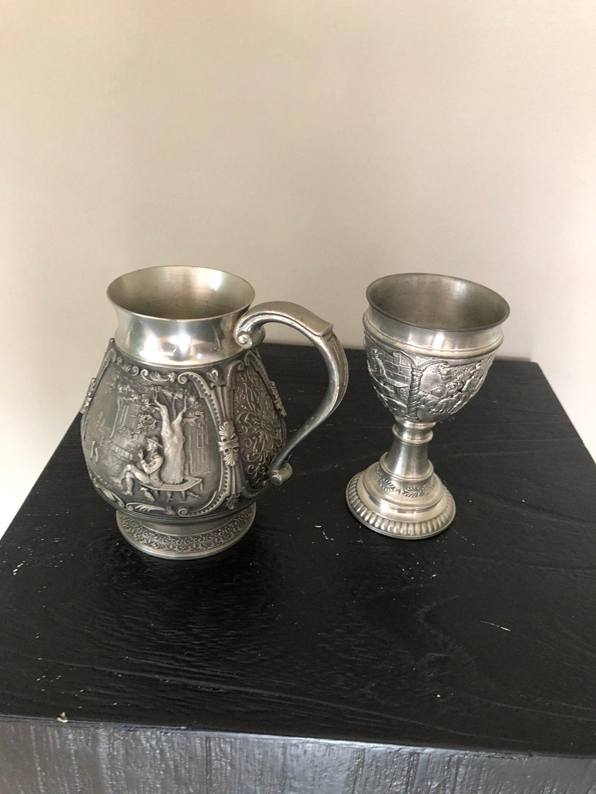 Oude tinnen SKS wijnkan + wijn beker, Antiek en Kunst, Antiek | Tin, Ophalen of Verzenden