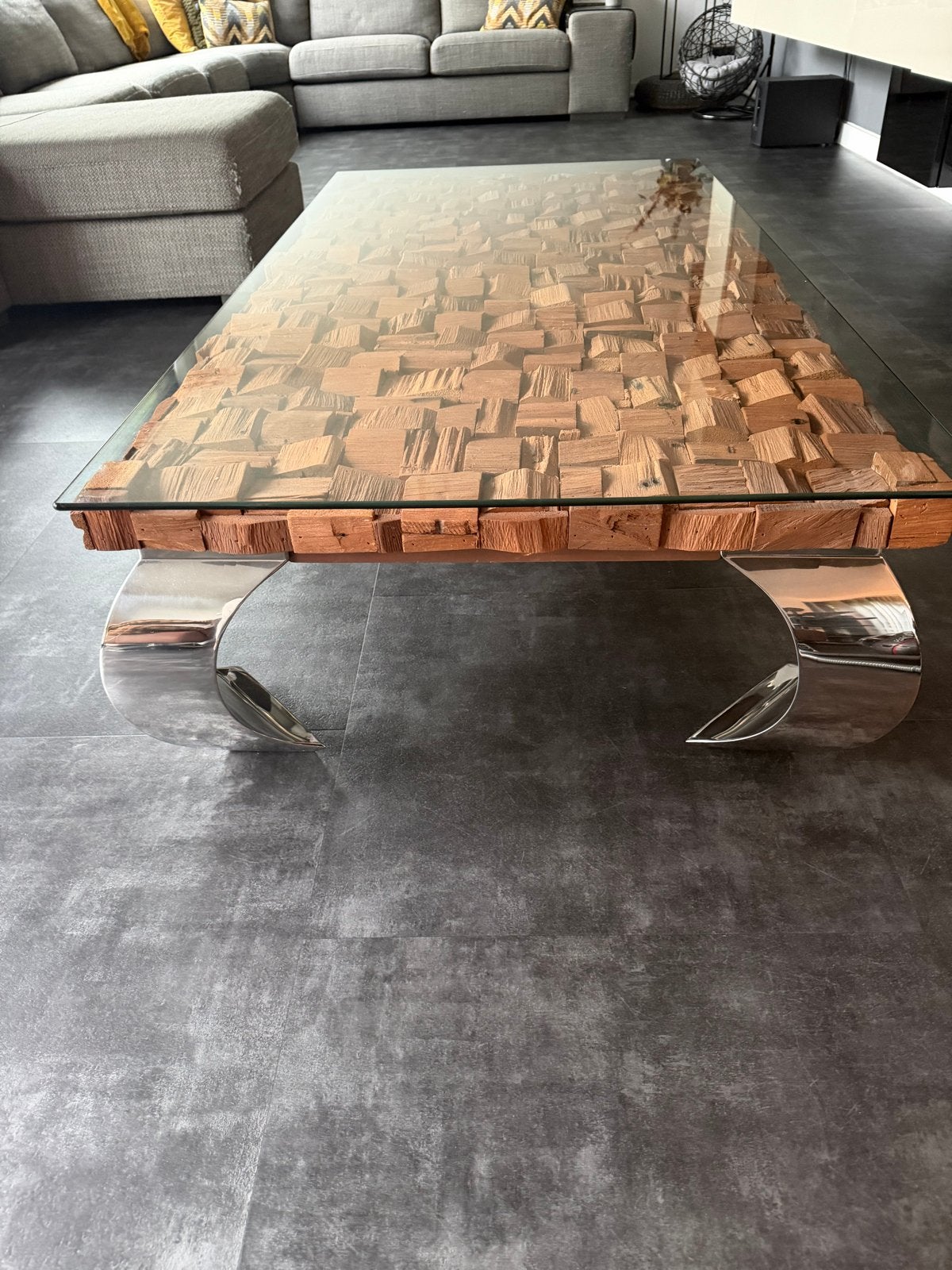 Salontafel 160x180 met glazen blad en houten mozaïek, Ophalen, 150 tot 200 cm, Rechthoekig, Glas