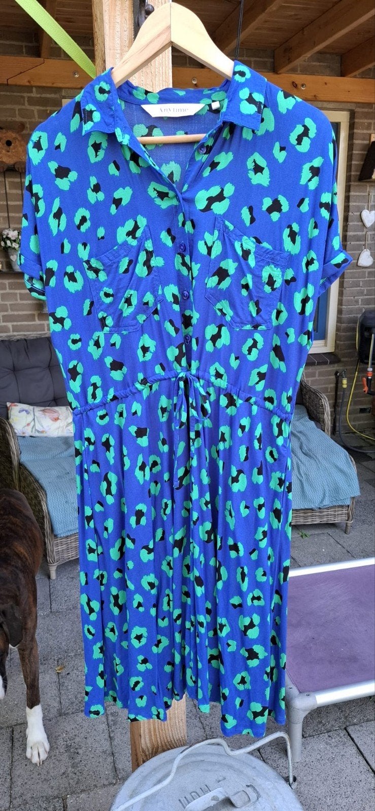 Anytime Dames Jurk Maat 42 - Blauw met Groene Print, Kleding | Dames, Jurken, Ophalen of Verzenden, Nieuw, Maat 42/44 (L), Blauw
