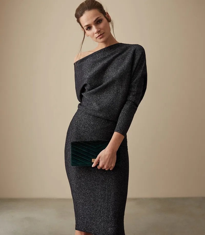 Reiss Rayna Metallic Jurk Maat M, Kleding | Dames, Jurken, Maat 38/40 (M), Zwart, Ophalen of Verzenden, Knielengte