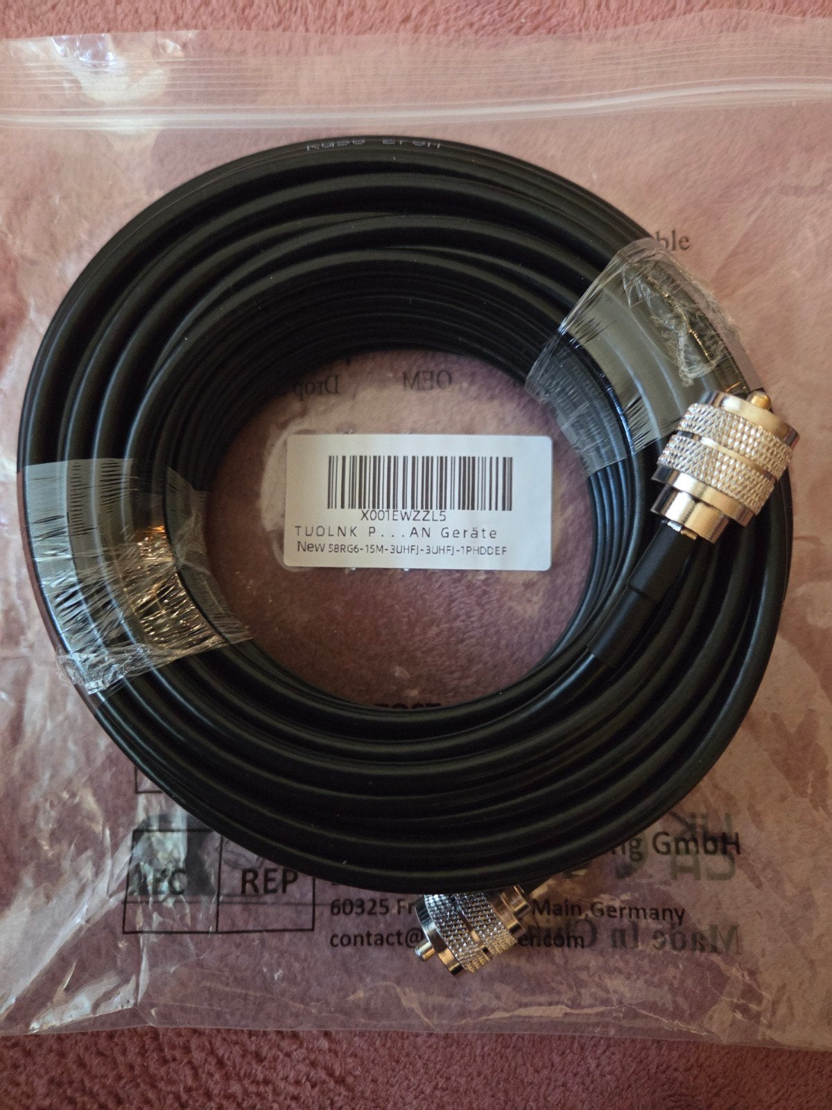 Nieuw 58RG6 Coaxkabel 15 meter met UHF  SO239 male connector, Telecommunicatie, Zenders en Ontvangers, Verzenden, Nieuw