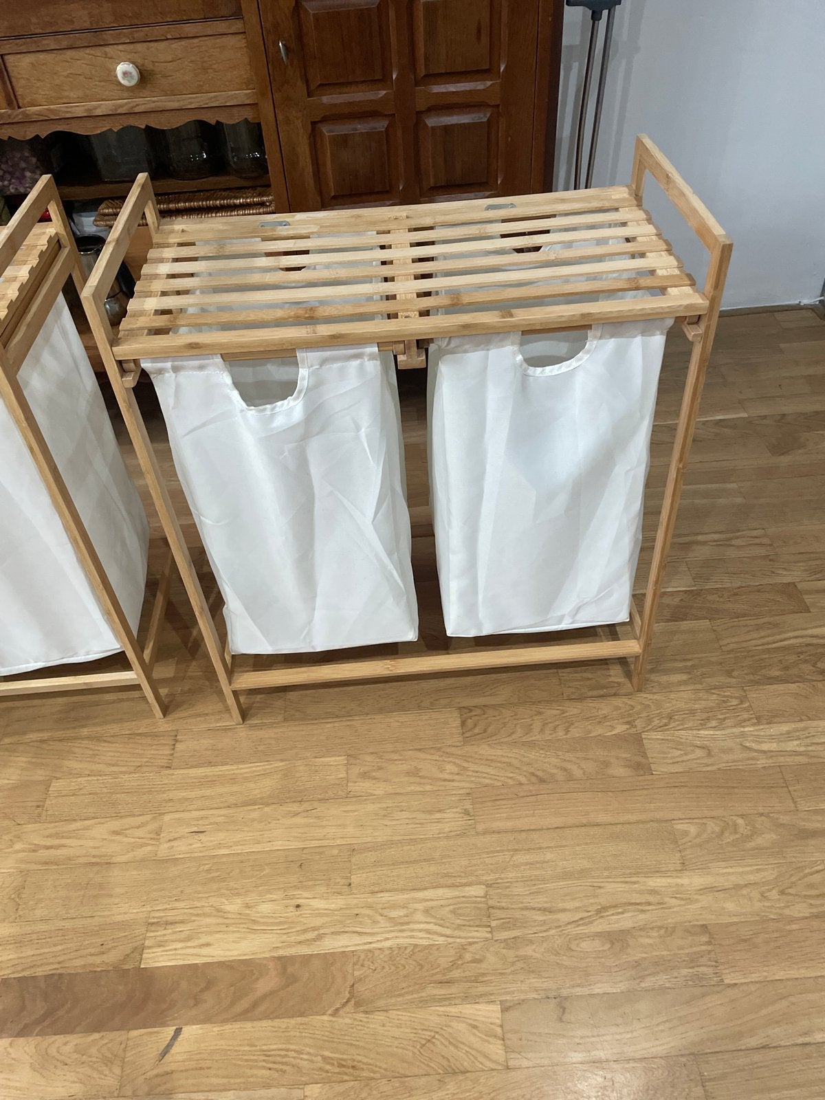 2x Bamboe wasmand met 2 vakken, Ophalen, Zo goed als nieuw