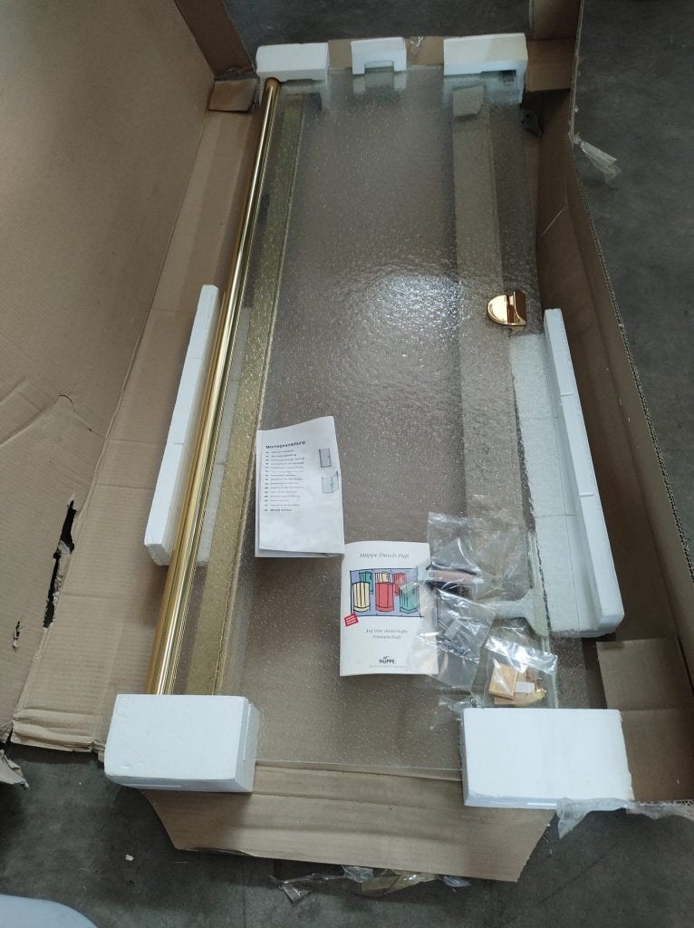 Hüppe Studio 4000 douchewand 75 x 173 cm – goud hoogglans, Doe-het-zelf en Verbouw, Sanitair, Ophalen, Nieuw, Glas, Douche