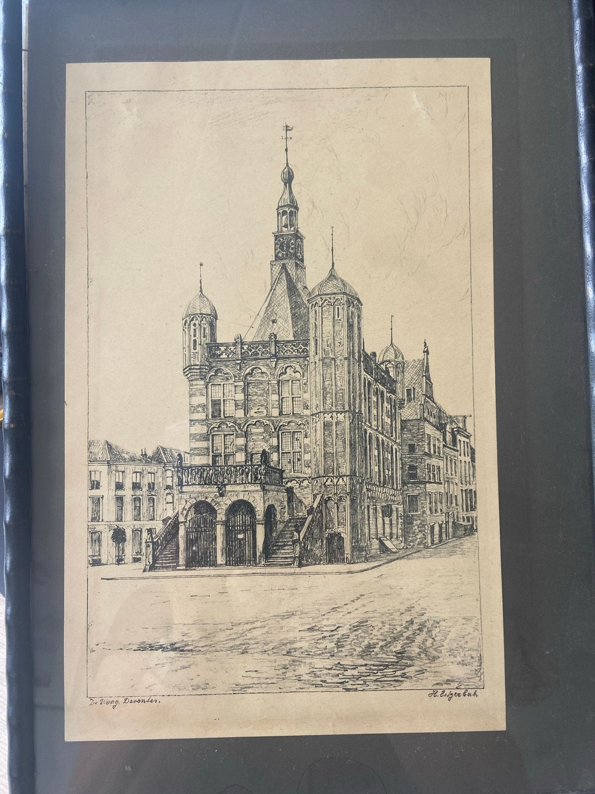 Antieke pentekening De Waag Deventer, gesigneerd, Antiek en Kunst, Kunst | Tekeningen en Foto's, Ophalen, Tekening, Pentekening