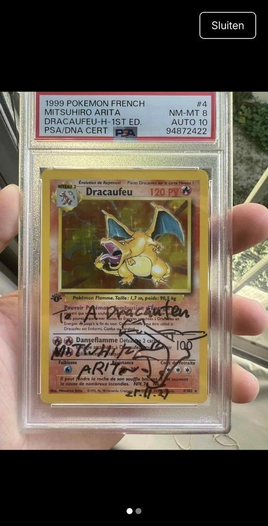 PSA 10 Mitsuhiro Arita Gesigneerde Charizard 1st Ed. Franse, Ophalen of Verzenden, Zo goed als nieuw, Losse kaart